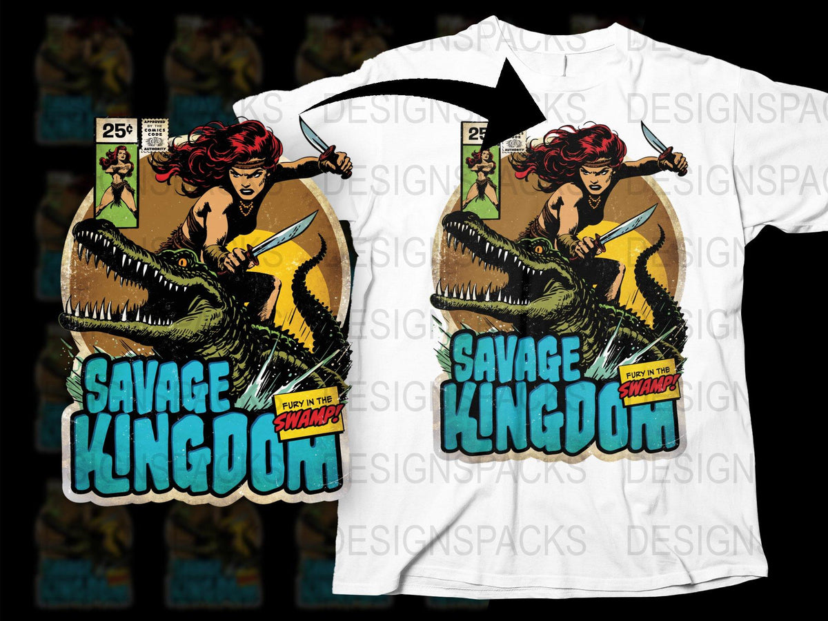 Savage Kingdom Comic Book T-Shirt, Retro Style Graphic Tee, Dinosaur and Warrior Design, Unisex Fashion