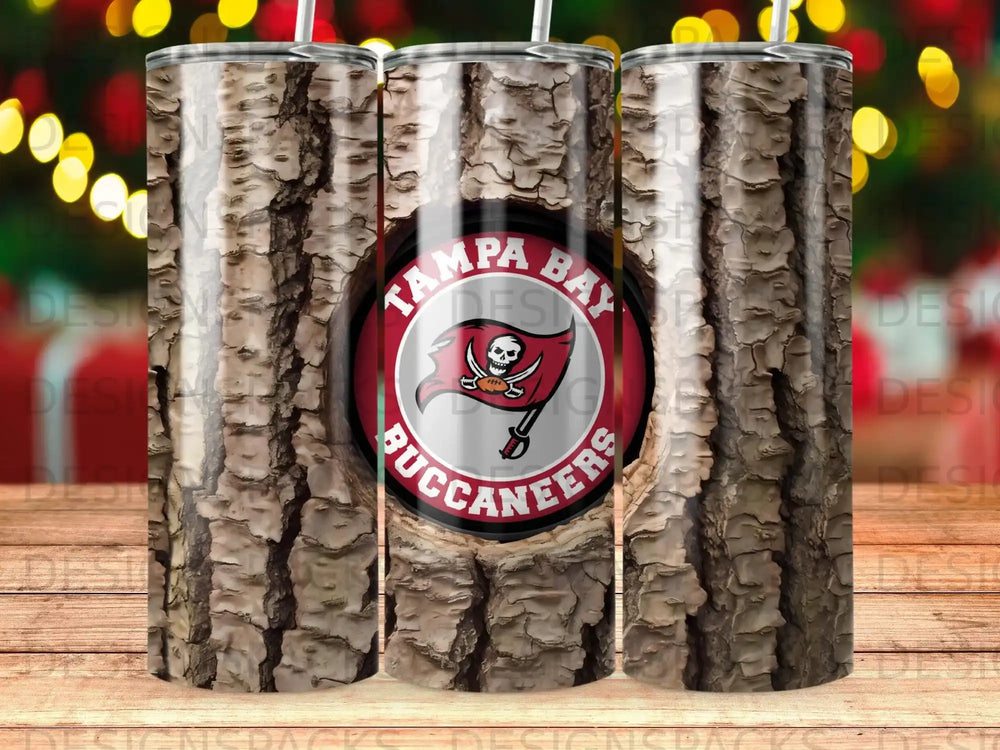 Tampa Bay Buccaneers logo on a wood-grain textured tumbler with two straws.