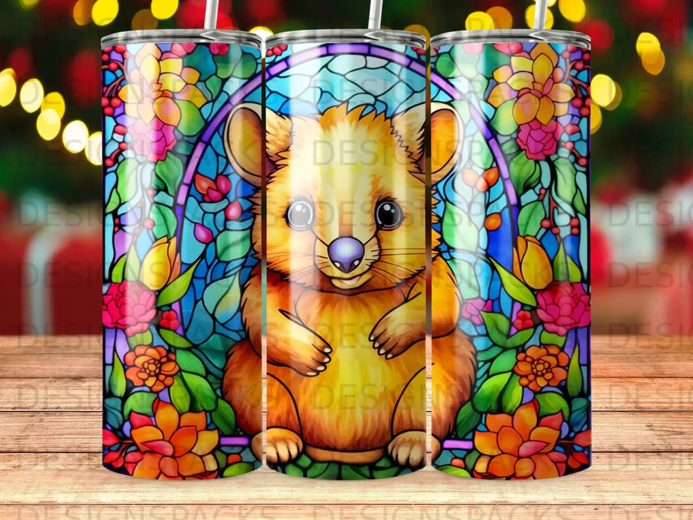 Stylized hamster in stained glass floral frame with warm bokeh background.