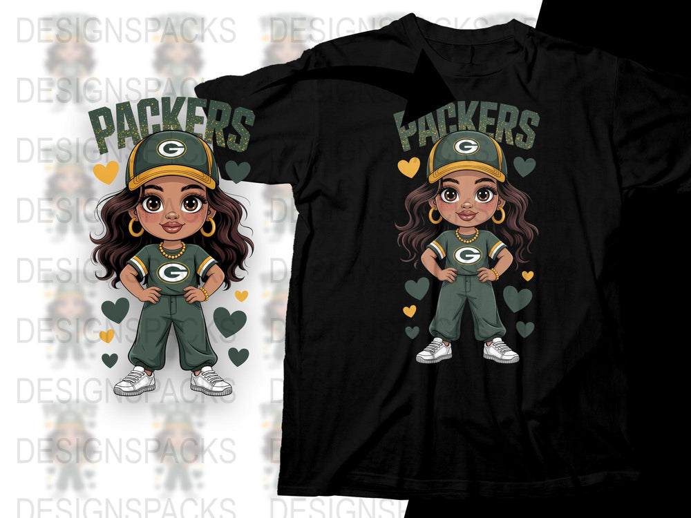Cute Green Bay Packers Fan T-Shirt, Cartoon Girl Football Tee, Sports Team Apparel Gift