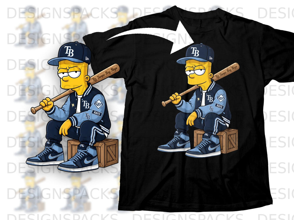 Bart Simpson character wearing Tampa Bay Rays apparel and holding a baseball bat.