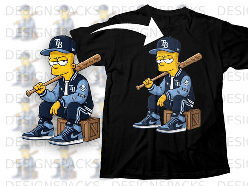 Bart Simpson character wearing Tampa Bay Rays apparel and holding a baseball bat.