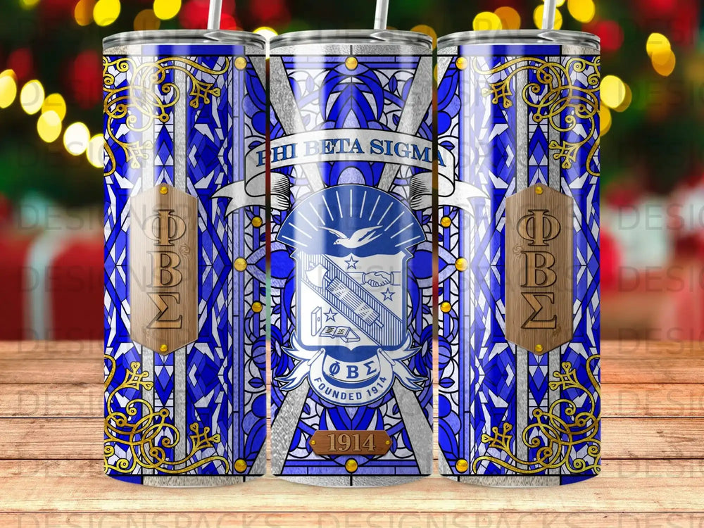 Blue tumbler with Phi Beta Sigma fraternity crest and stained glass design.