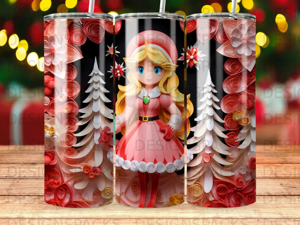 Princess Peach character in festive winter attire surrounded by stylized trees and red floral decorations.