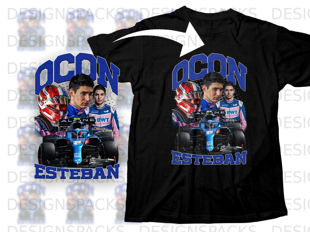Esteban Ocon Alpine racing car t-shirt design with his name.