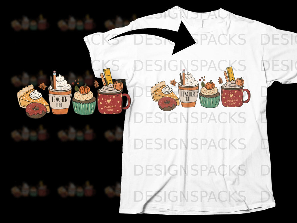 Illustration of fall-themed treats with text "Teacher Fuel" and "Pumpkin Lover."