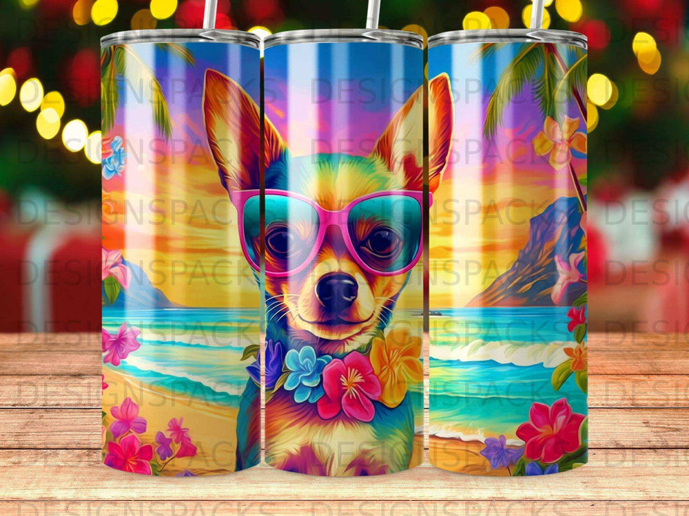Chihuahua wearing sunglasses and flower lei on a beach backdrop.