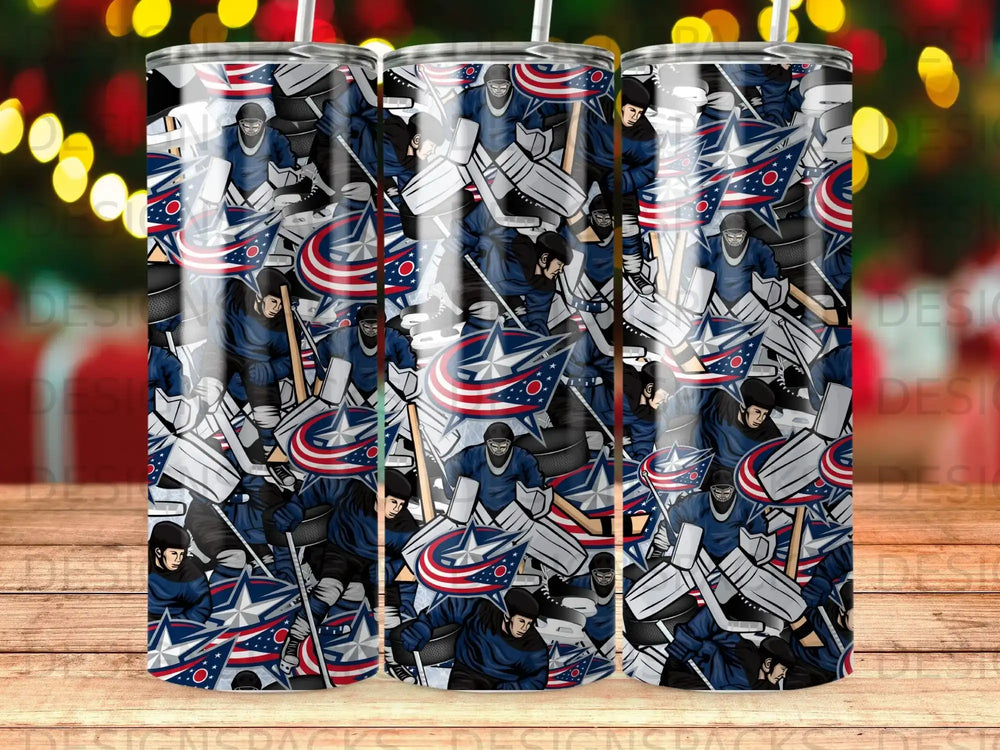 Hockey players in uniform with flags and pucks pattern on a tumbler.