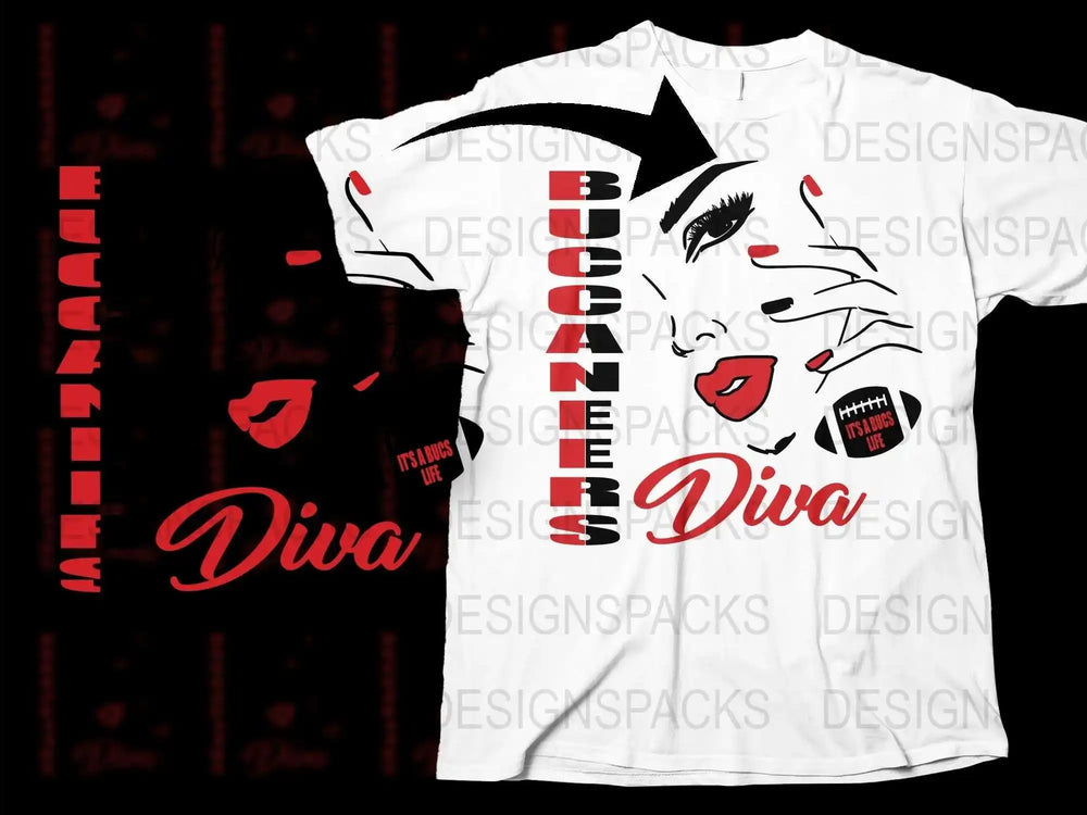 Pop Art Diva Graphic T-Shirt, Bold Red and White, Fashion Tee, Urban Chic Streetwear, Women's Stylish Top, Buccaneers Design