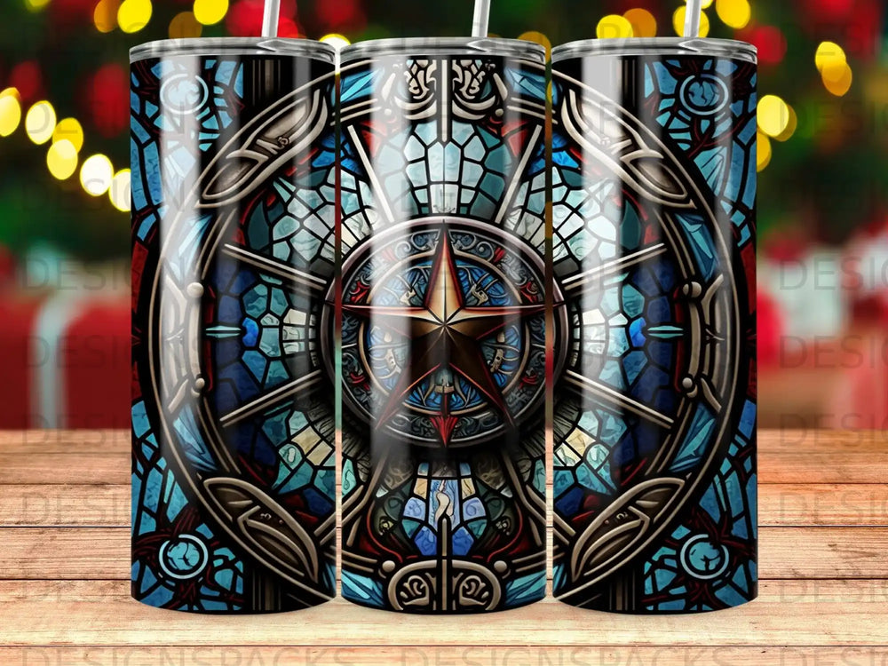 Steampunk compass design on a tumbler with bokeh background.