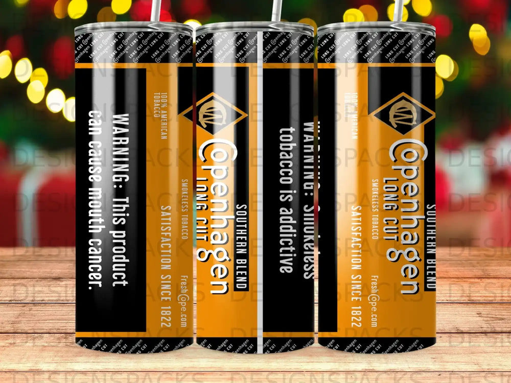 Copenhagen Southern Blend Long Cut smokeless tobacco cans with warnings.