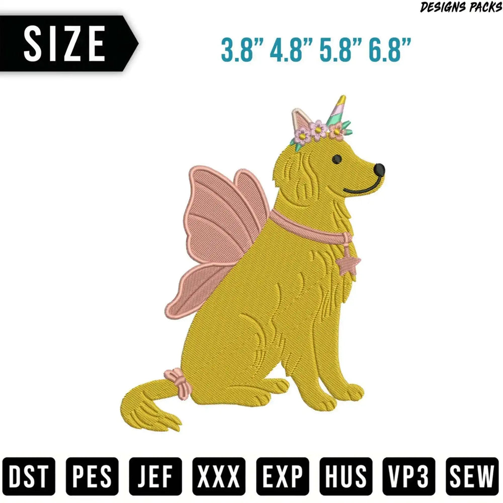 Golden retriever wearing fairy wings and unicorn horn, embroidery design sizes listed.