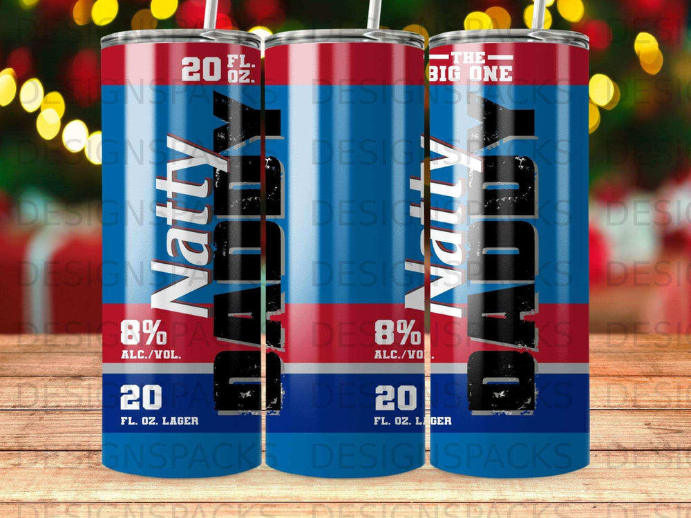 Two 20 oz tumblers with "Natty" and "8% ALC./VOL." text.