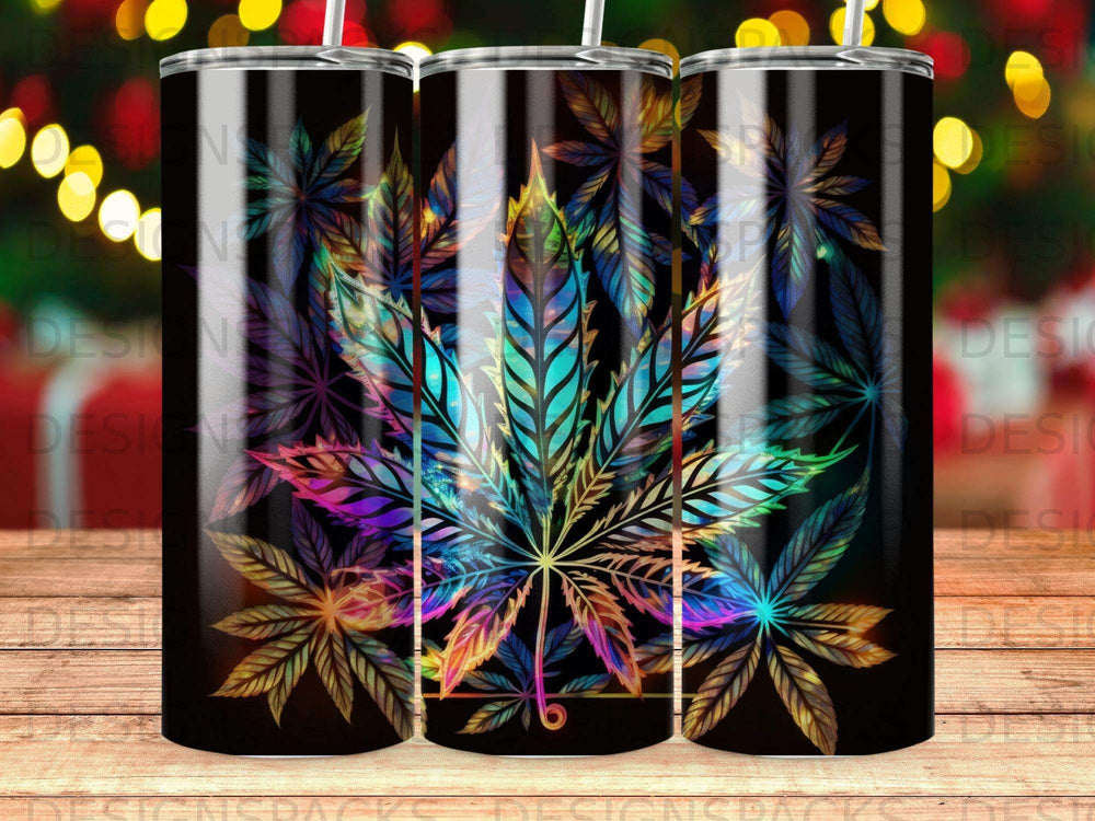 Colorful cannabis leaf pattern on a set of three tumblers.
