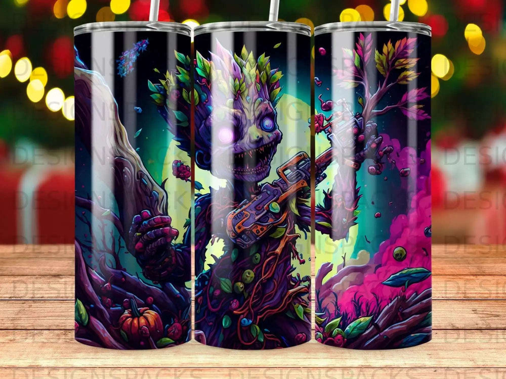Cartoon Groot character with glowing eyes holding a laser gun, on a tumbler.