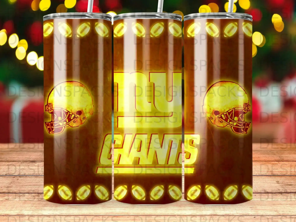 New York Giants themed tumbler with football and helmet graphics.