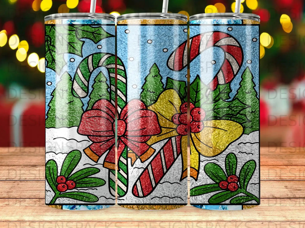 Candy canes and holly with red and yellow bows on a snowy winter background.