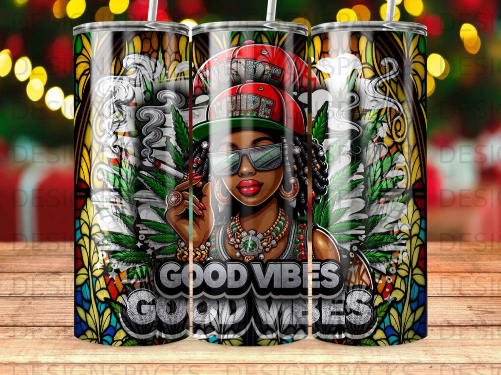 Woman wearing sunglasses and hat, holding a blunt, with "Good Vibes" text.