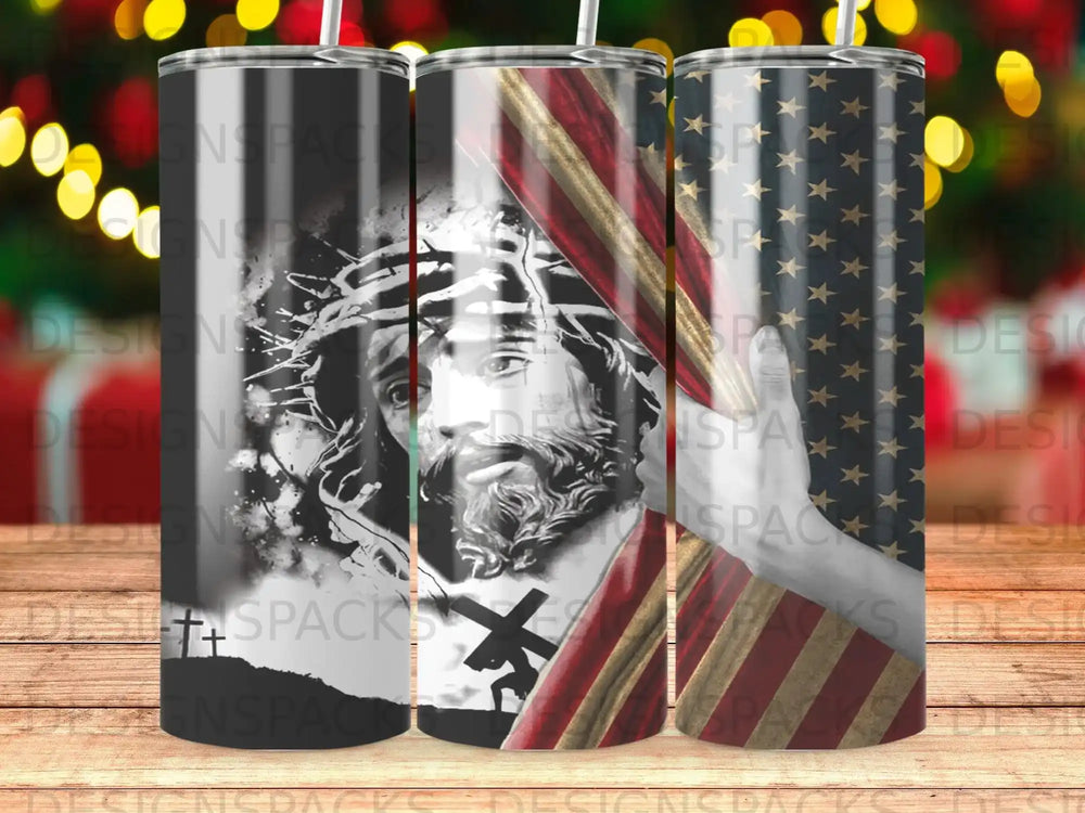 Tumbler featuring Jesus, American flag, and a cross.