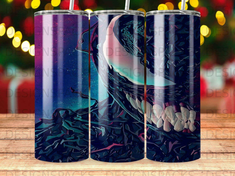 Tumbler with Venom's face, black and blue, with glowing red eyes.
