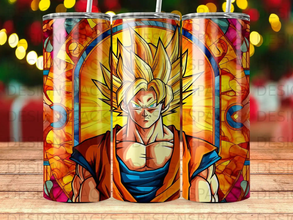 Goku from Dragon Ball Z as stained glass art on a tumbler.