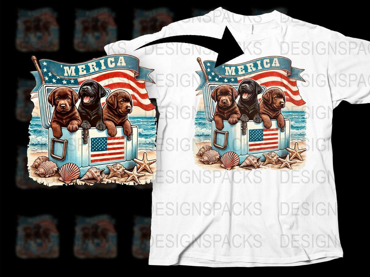 Patriotic 'Merica T-Shirt with Cute Dogs, American Flag, Star Shells Graphic Tee for Summer