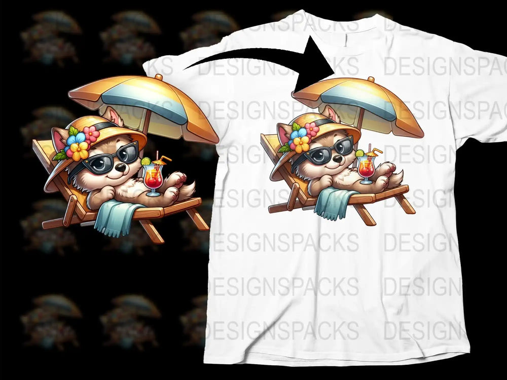 Cute Cartoon Cat T-Shirt, Summer Beach Cat with Sunglasses and Umbrella, Fun Animal Graphic Tee for All Ages