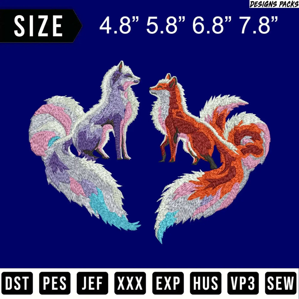 Two embroidered foxes in heart shape, with size options and embroidery file types.