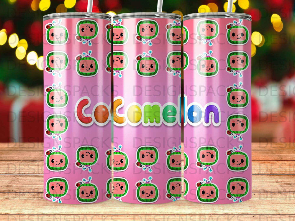 Pink tumbler with repeating cartoon CoComelon characters and logo.