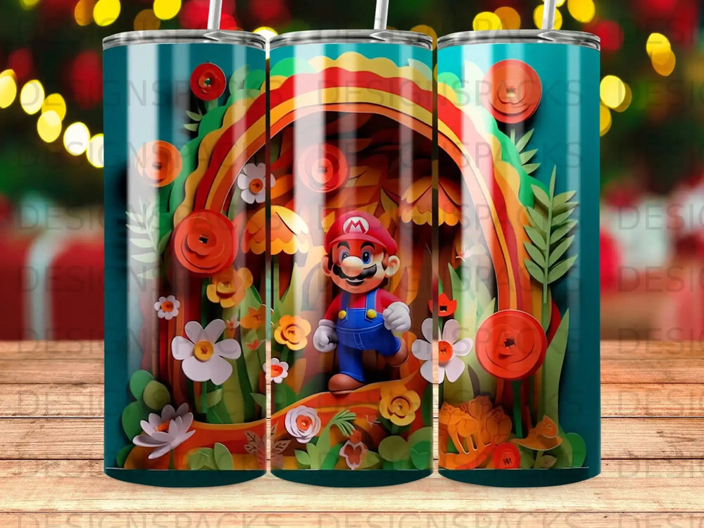 Mario in a colorful rainbow landscape with paper-cut flowers and foliage.