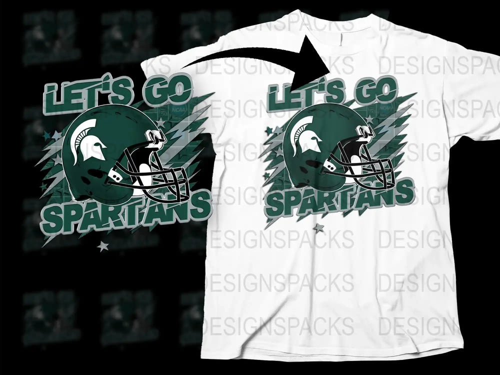 Let's Go Spartans Graphic T-Shirt, College Football Fan Gear, Green and White Helmet Design Tee