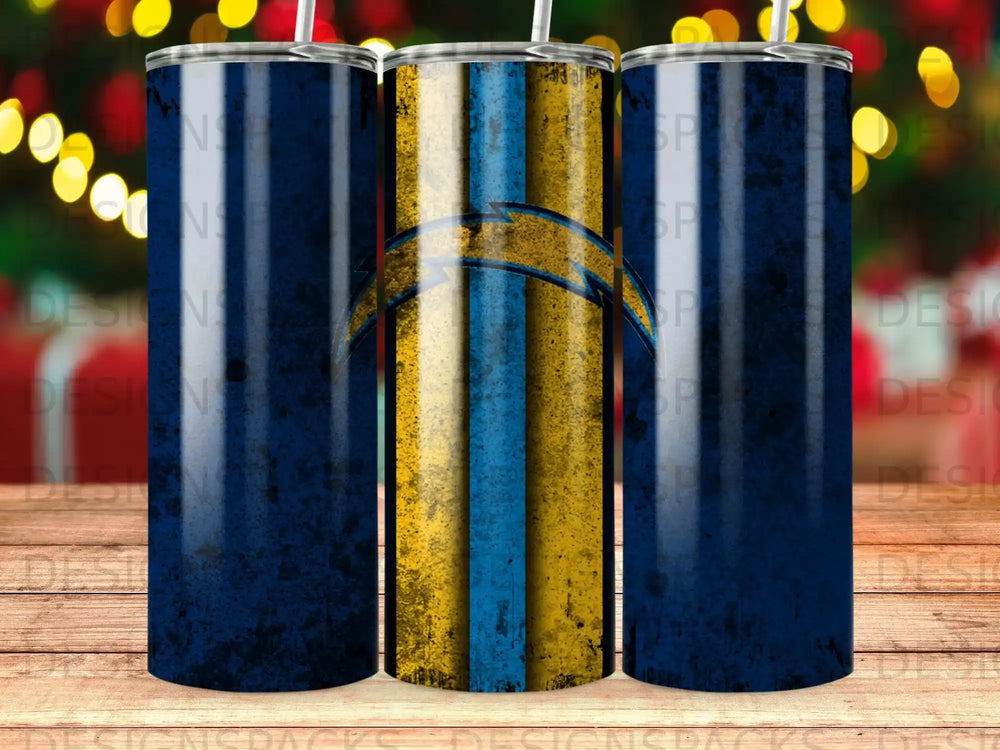 Los Angeles Chargers logo on blue and yellow striped tumbler with Christmas lights background.