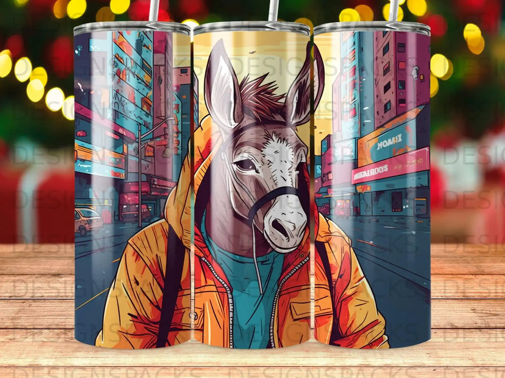 Donkey in a city street wearing an orange hoodie.