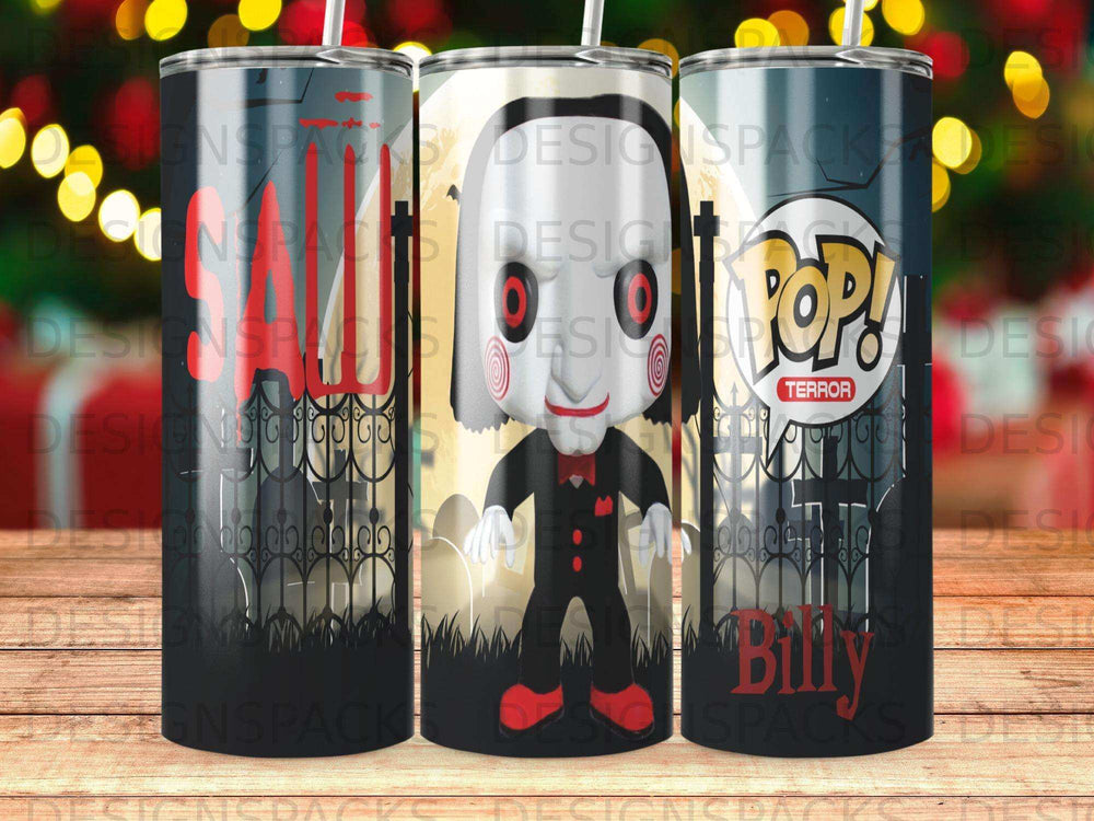Saw movie tumbler with Billy character and "Pop! Terror" text.