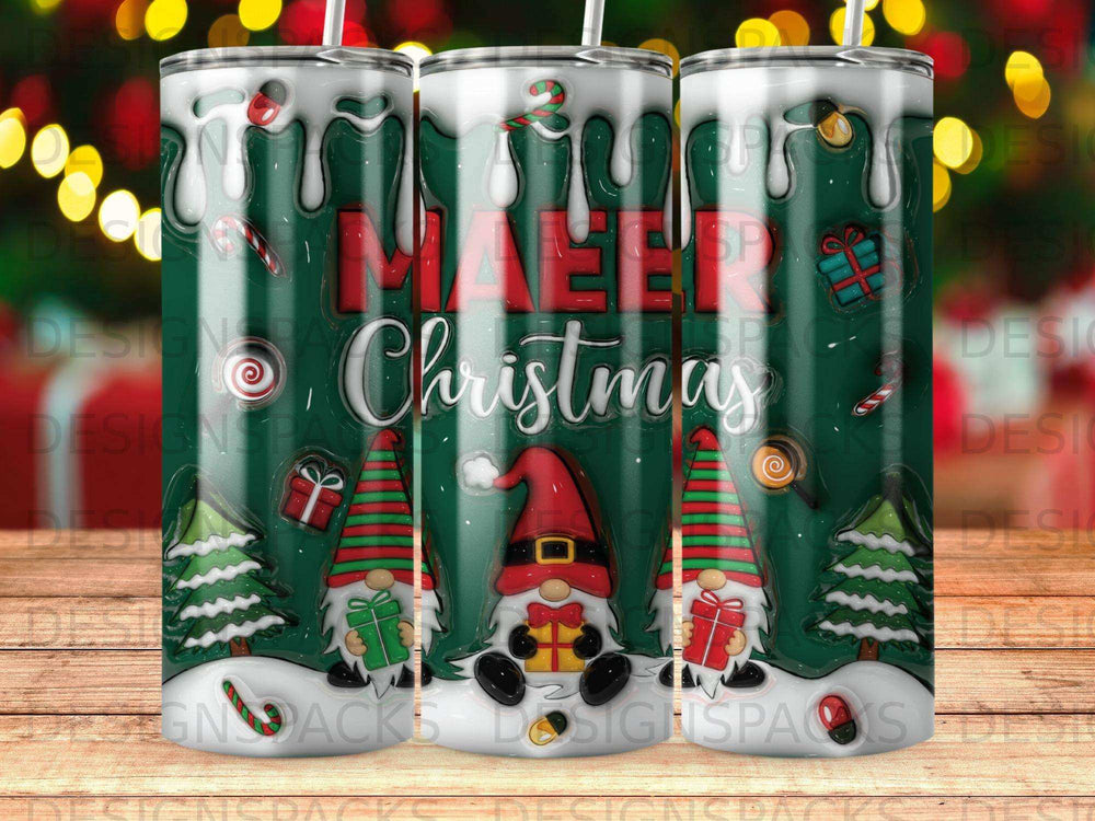 Three gnomes with gifts and candy canes on a green Christmas background.