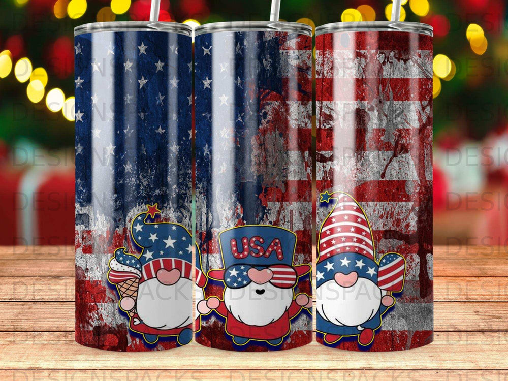 Three USA-themed gnome tumblers with American flag and ice cream cone designs.