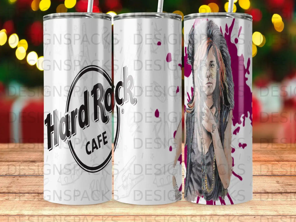 Hard Rock Cafe tumbler with a portrait of a woman.