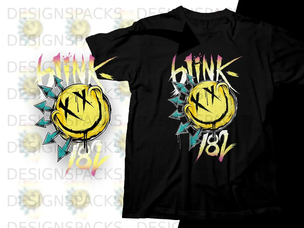 Blink-182 logo with yellow smiley face and blue lightning bolts on black t-shirt.