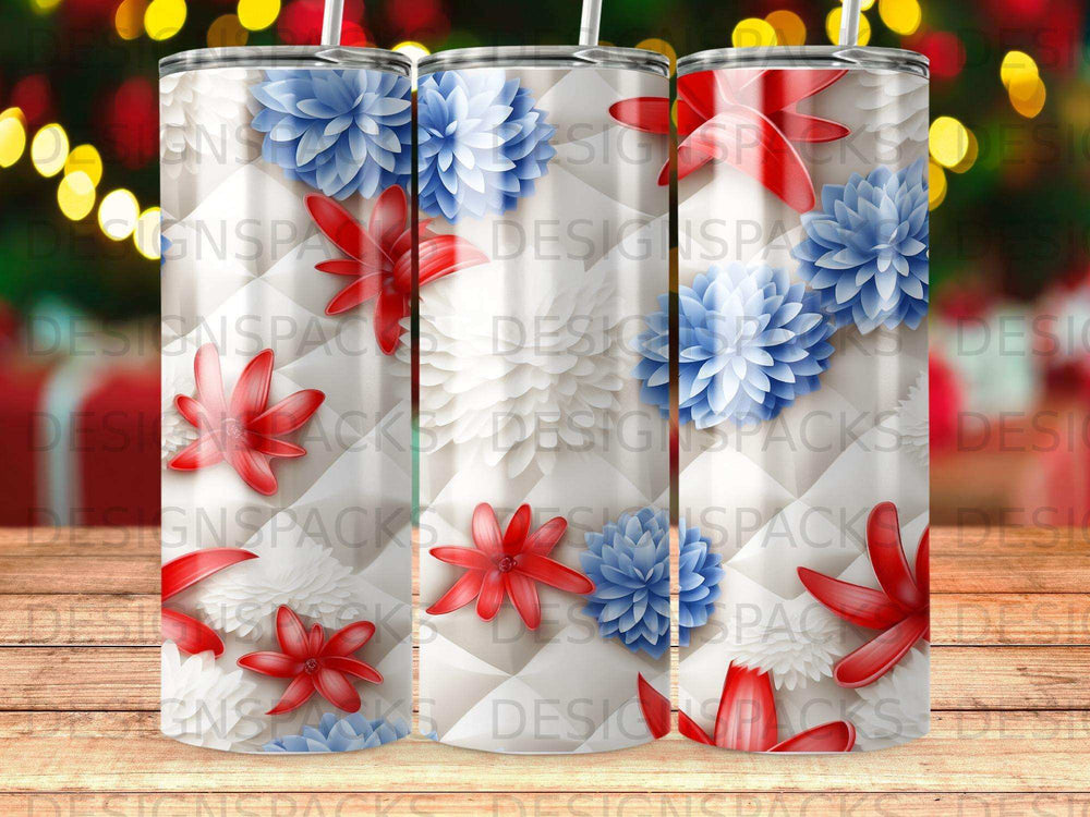 Red and blue floral pattern on a white diamond background tumbler.