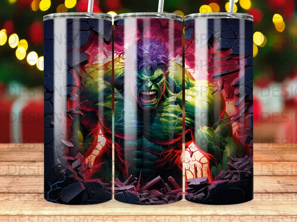 Hulk smashing through cracked stone, enraged, with colorful light.