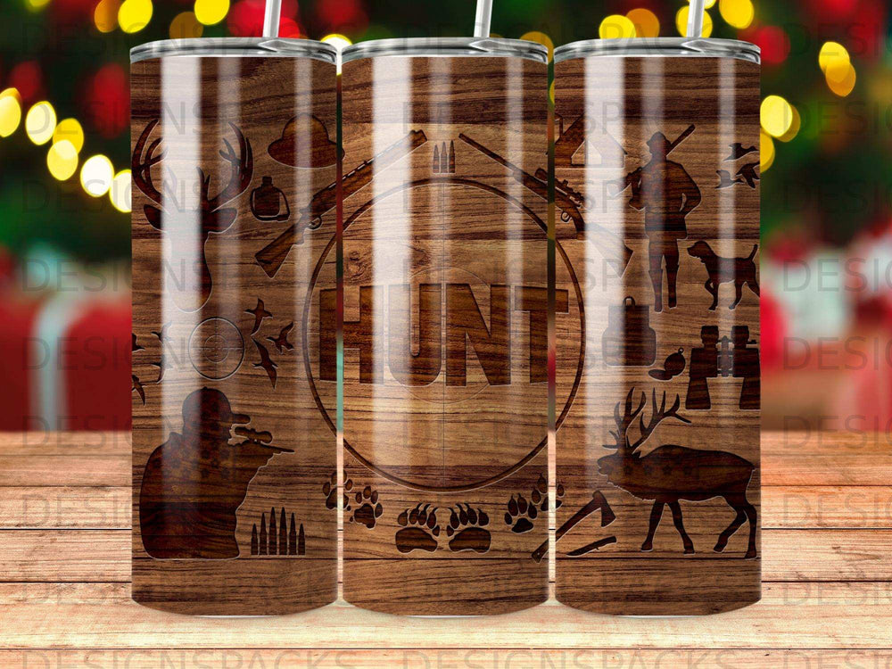 Woodgrain tumbler featuring "HUNT" text surrounded by hunting-themed illustrations.
