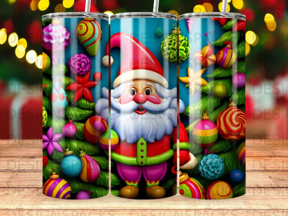 Santa Claus with Christmas ornaments and a decorated tree.