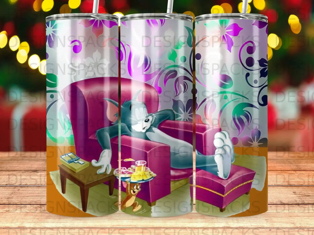 Tom and Jerry relaxing in chairs, with drinks and snacks.
