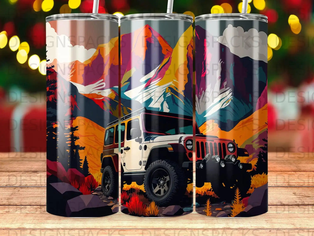 Jeep Wrangler driving on a mountain road with colorful sunset scenery.
