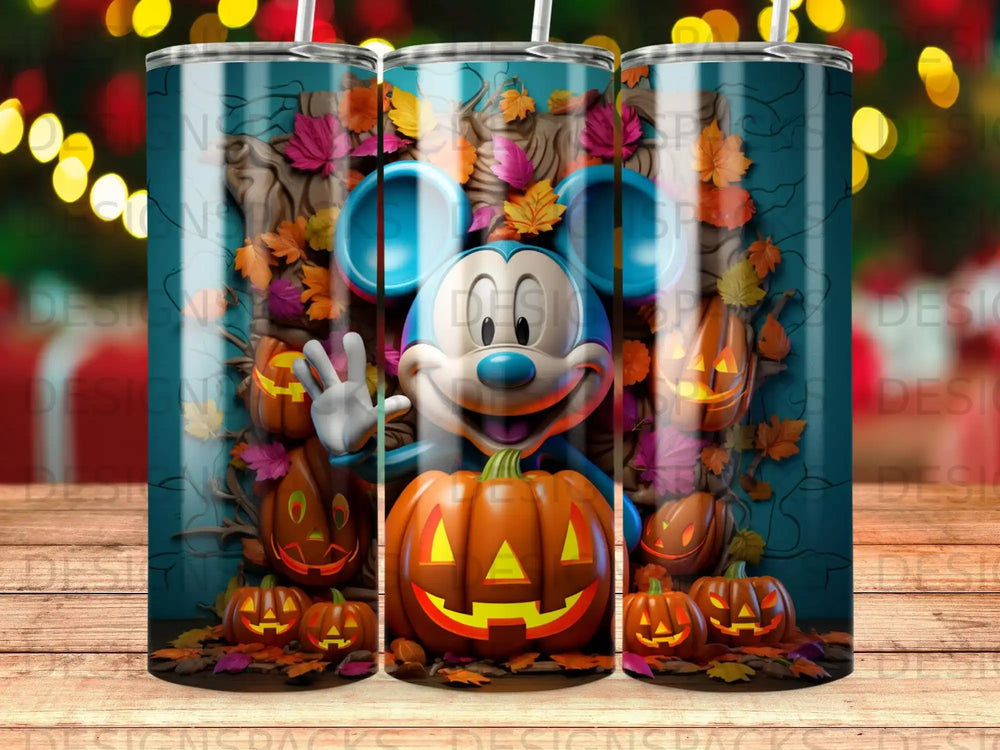 Mickey Mouse with pumpkins and autumn leaves.