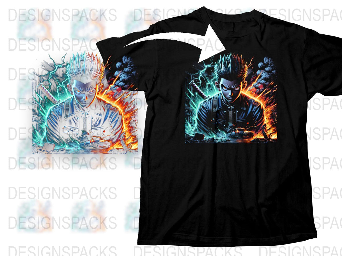 Anime Inspired Electric Blue Character Graphic T-Shirt, Cool Vibrant Men's Fashion Tee