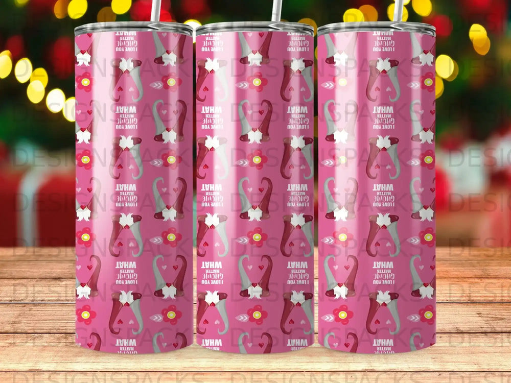 Pink tumbler with repeating pattern of gnomes and hearts, "I Love You" text.