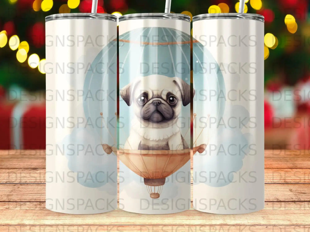 Pug in a hot air balloon, clouds, festive lights background.