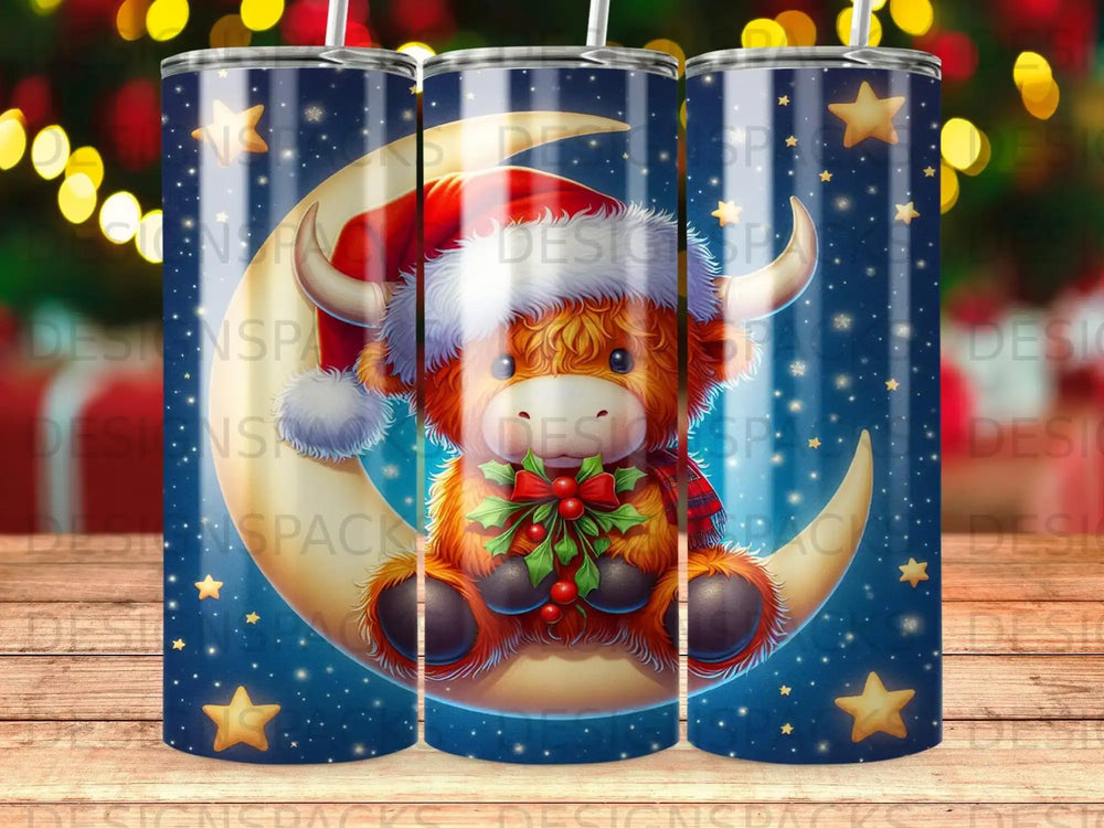 Highland cow wearing Santa hat and holly sits on moon with stars.