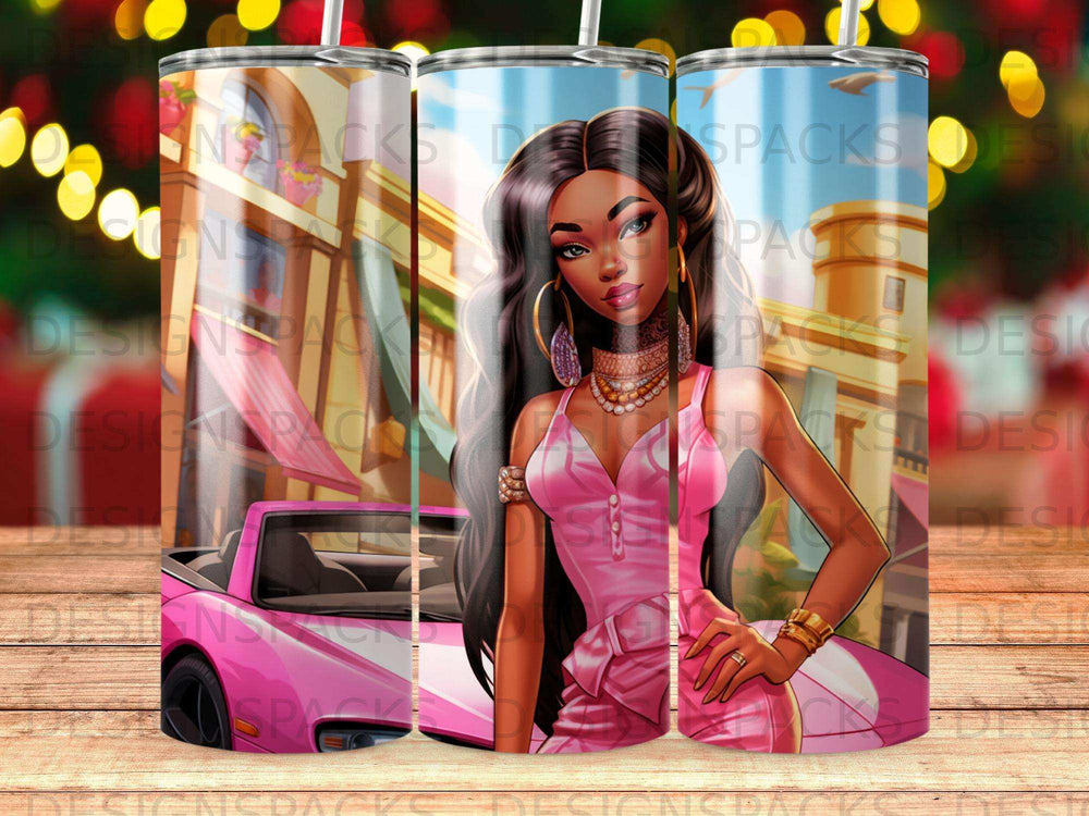 Woman in pink dress beside pink convertible, city buildings background.